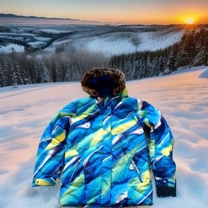 Spyder Ski Jacket Girls Size 18 Blue Green Excellent Faux‎ Fur Hood Insulated
